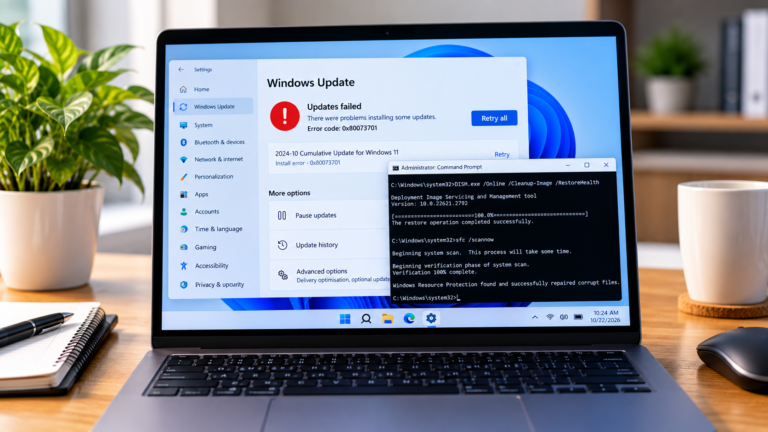 Laptop showing a Windows Update installation failure with error 0x80073701