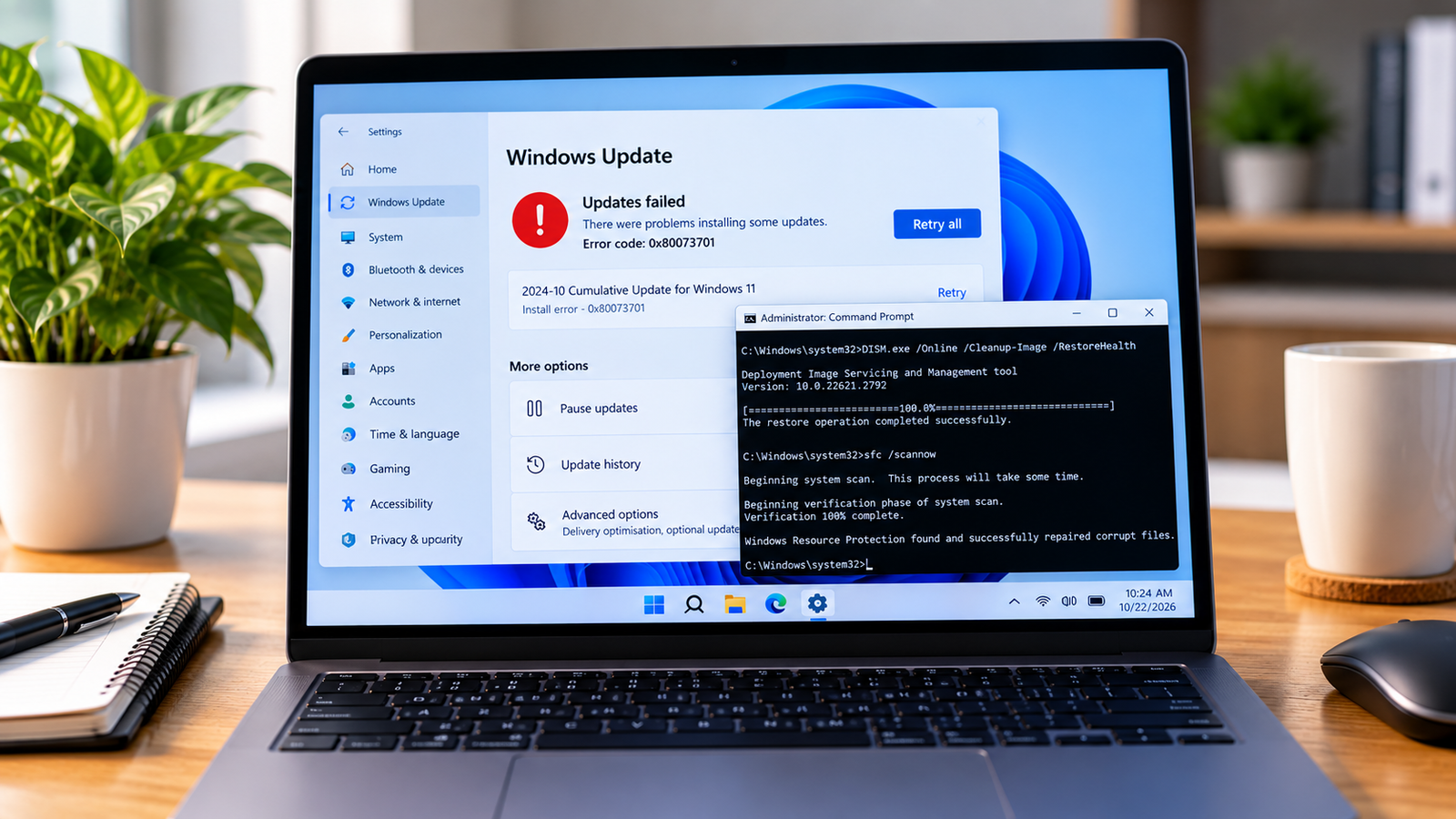 Laptop showing a Windows Update installation failure with error 0x80073701