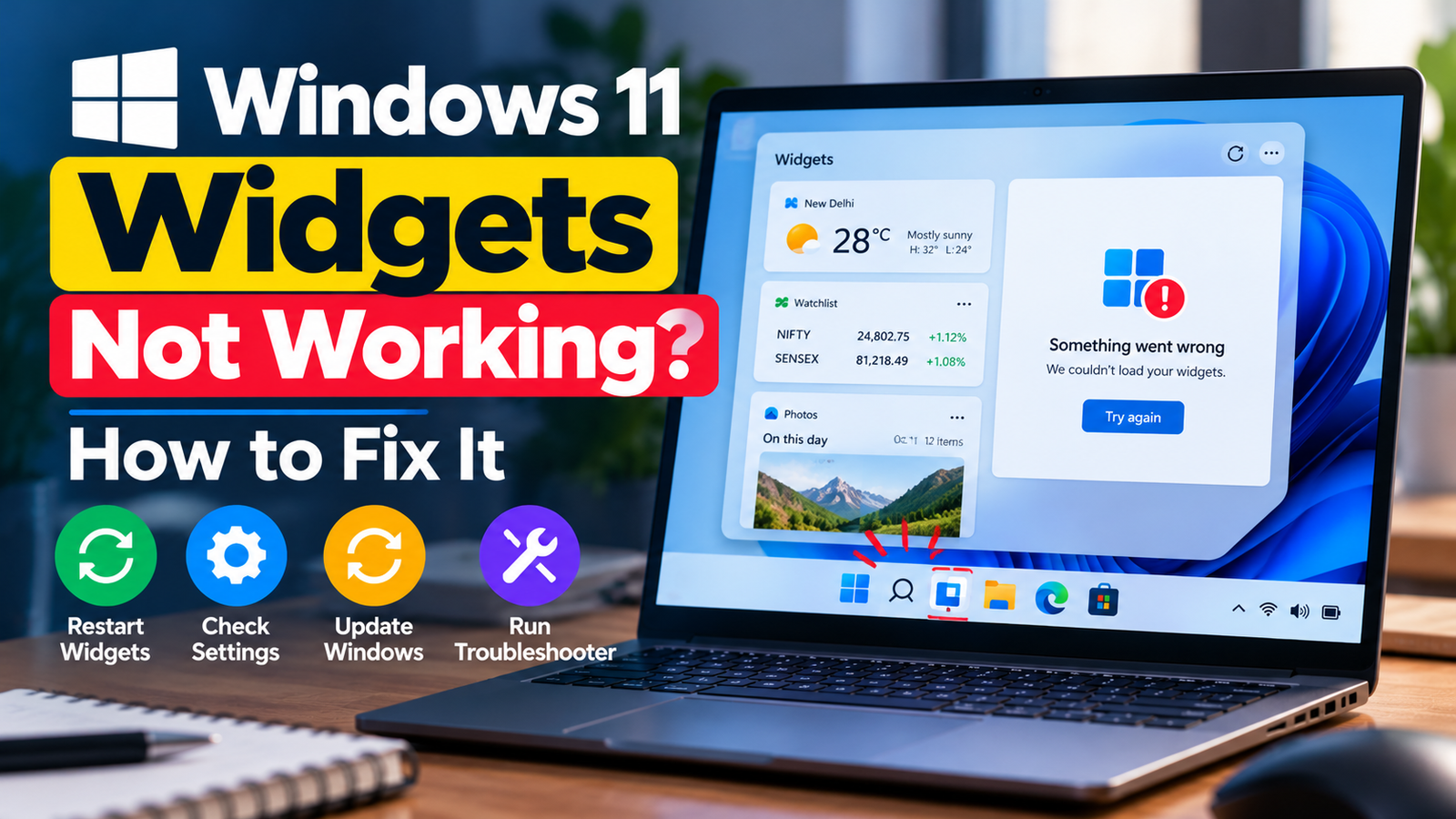 A Windows 11 laptop showing the Widgets panel with blank content cards