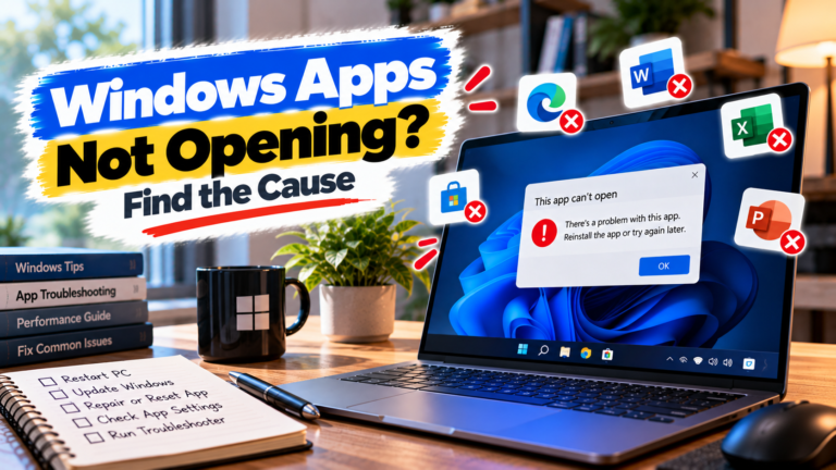 Windows apps not opening troubleshooting guide showing a Windows PC with applications failing to launch
