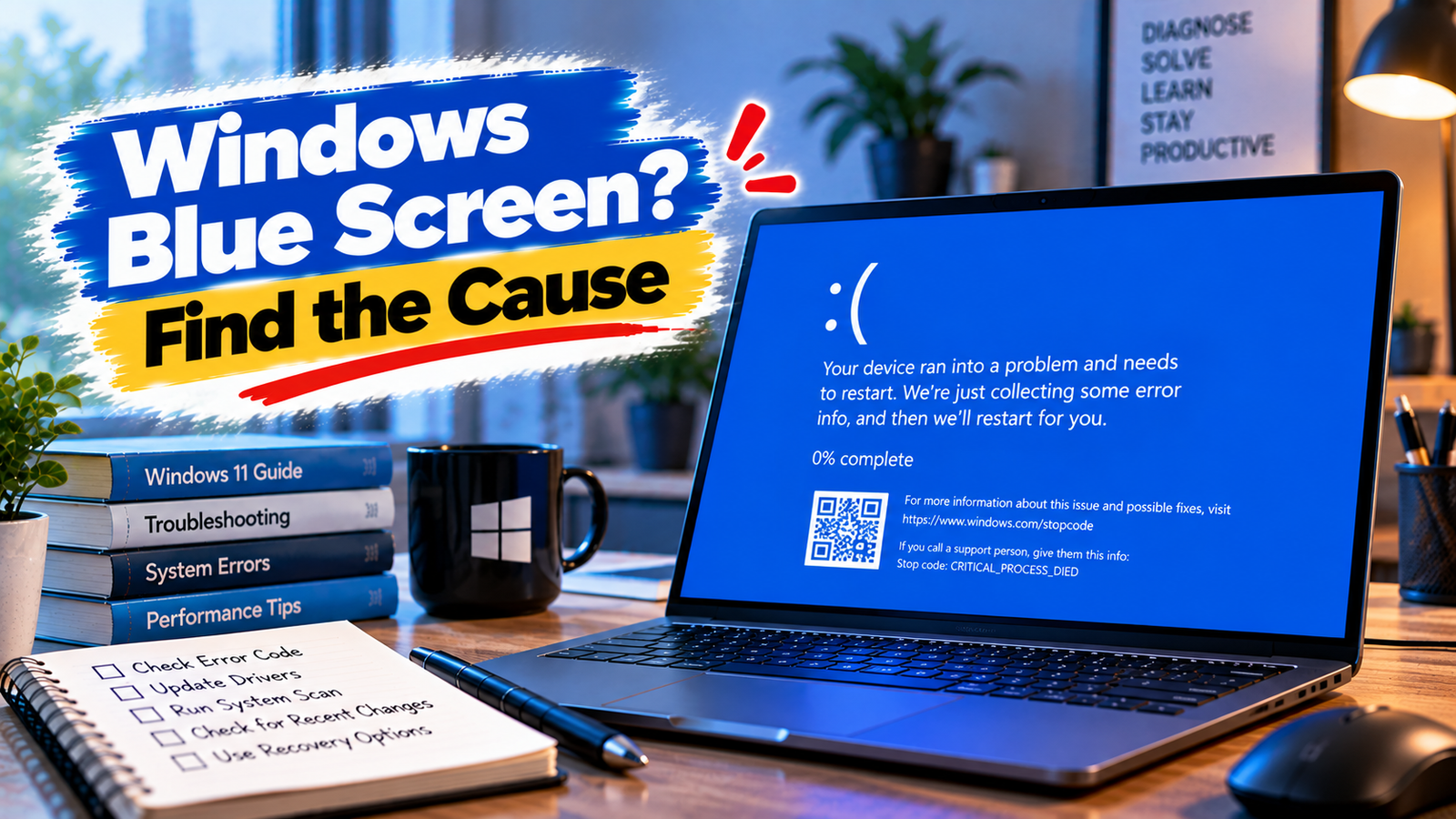 Windows blue screen troubleshooting guide showing a PC displaying a Windows stop error