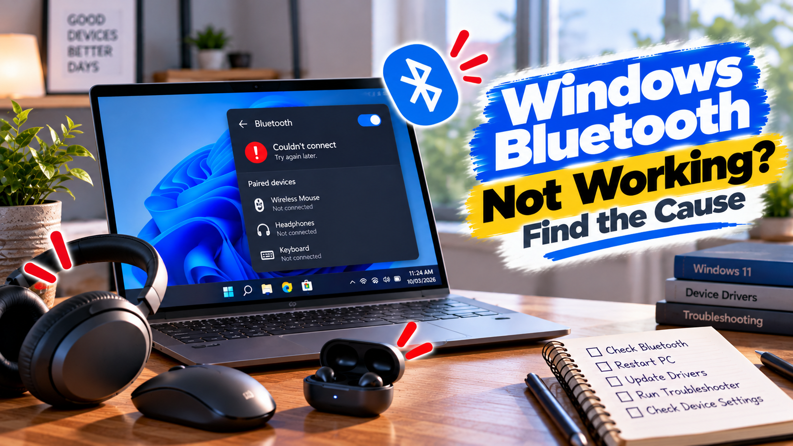 Windows Bluetooth not working troubleshooting guide showing a Windows laptop and Bluetooth device connection screen
