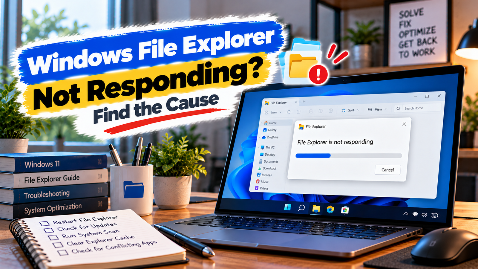 Windows File Explorer not responding troubleshooting guide showing a Windows PC with a frozen File Explorer window