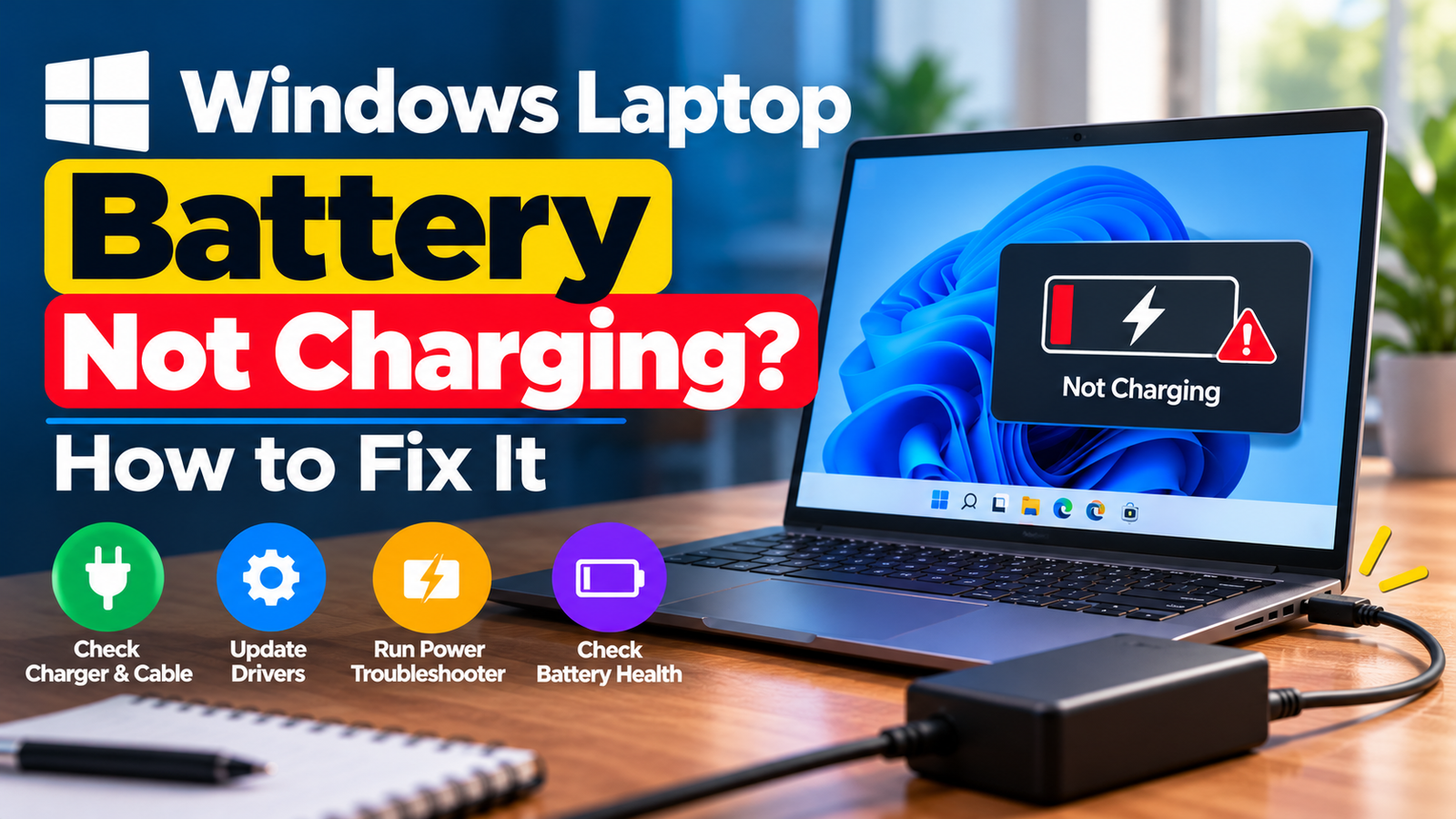 A Windows laptop connected to a power adapter, displaying a low battery percentage and a charging status indicator on the screen.