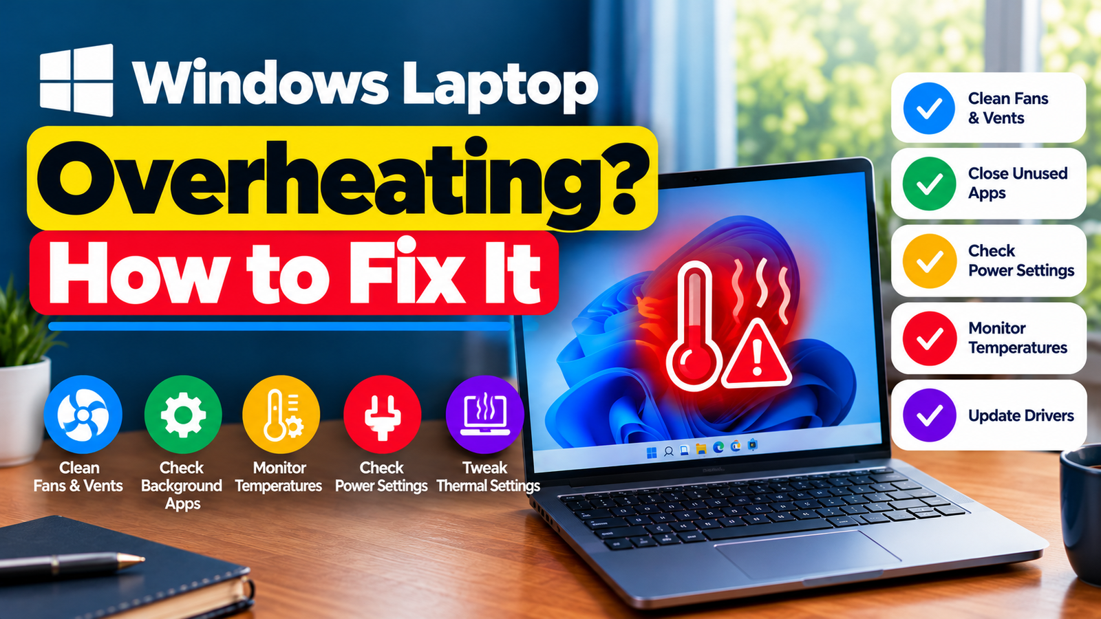 A laptop on a desk with its ventilation area visible while a user checks for overheating.