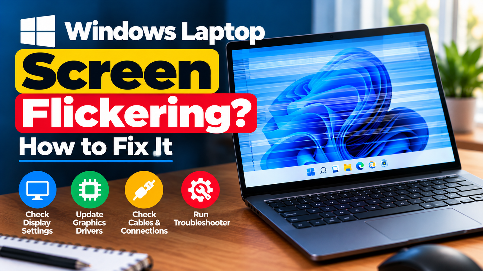 A person checking a laptop display while investigating a screen flickering problem.