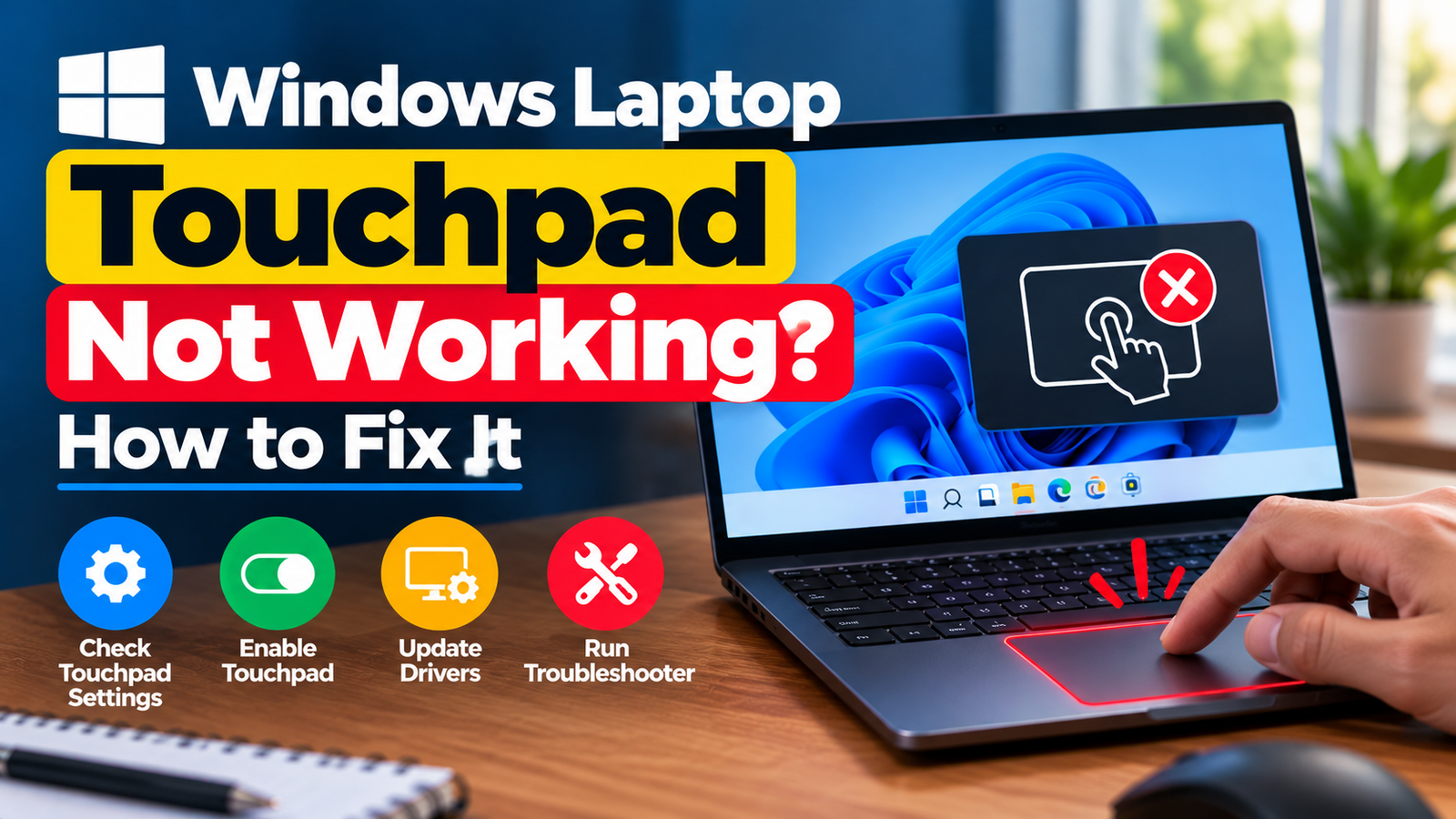 A person checking the touchpad on a Windows laptop while troubleshooting a pointer that is not responding.