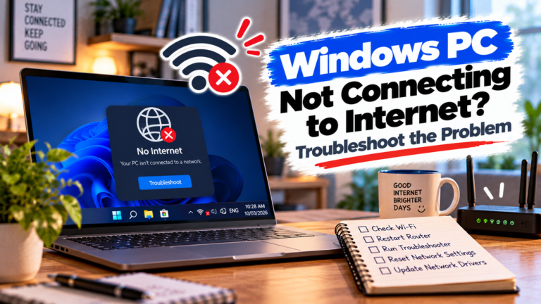 Windows PC not connecting to internet troubleshooting guide showing a Windows laptop with a network connection error