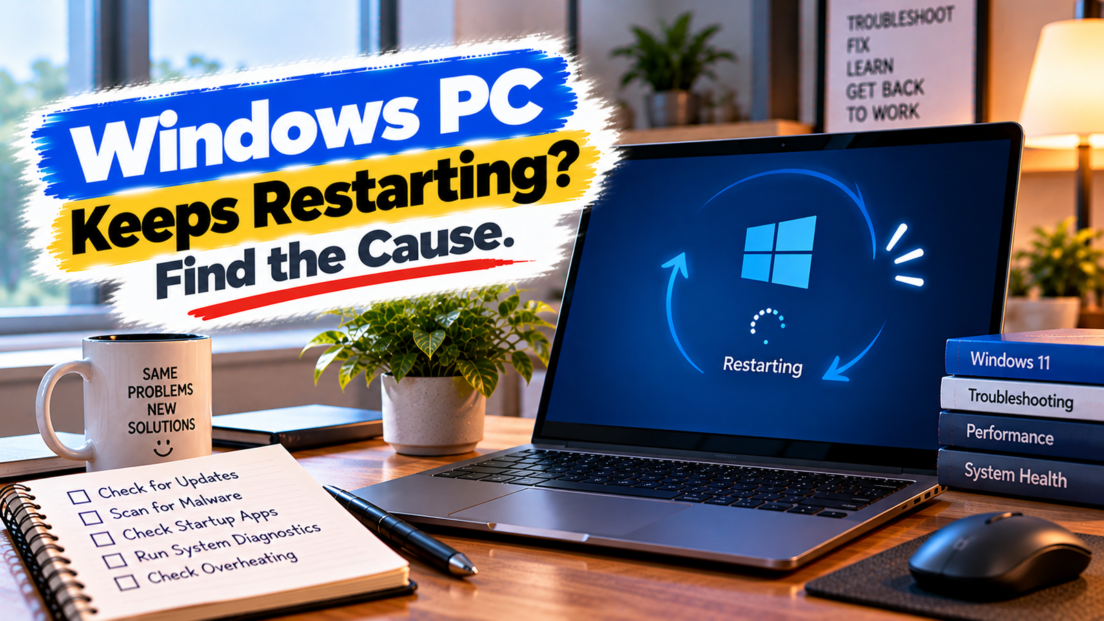 Windows PC keeps restarting troubleshooting guide showing a Windows computer with an unexpected restart screen