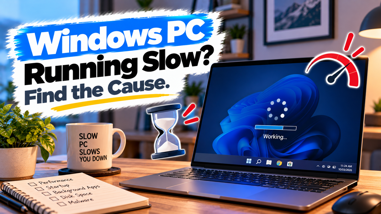 Windows PC running slow troubleshooting guide showing a sluggish computer and Task Manager performance screen