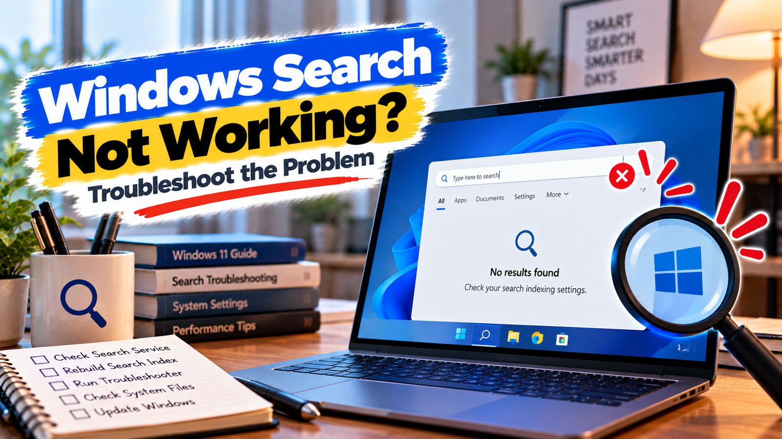 Windows Search not working troubleshooting guide showing a Windows PC with search results missing
