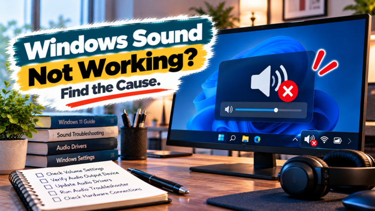 Windows sound not working troubleshooting guide showing a PC with audio settings open and a speaker symbol