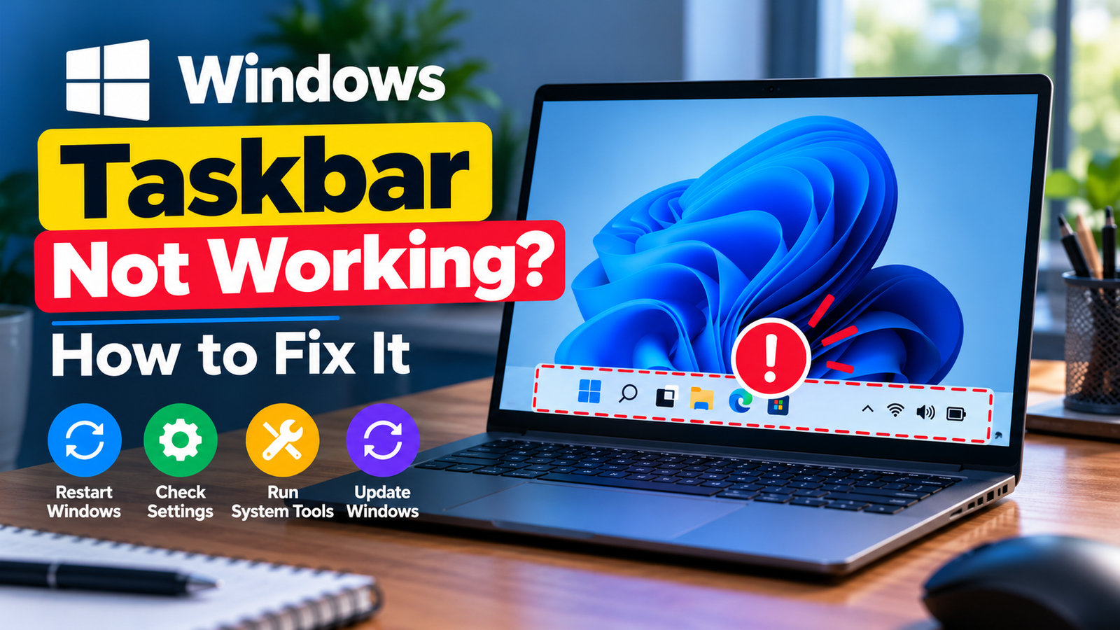 A Windows 11 laptop desktop with a visible taskbar and a cursor hovering over an unresponsive taskbar icon.