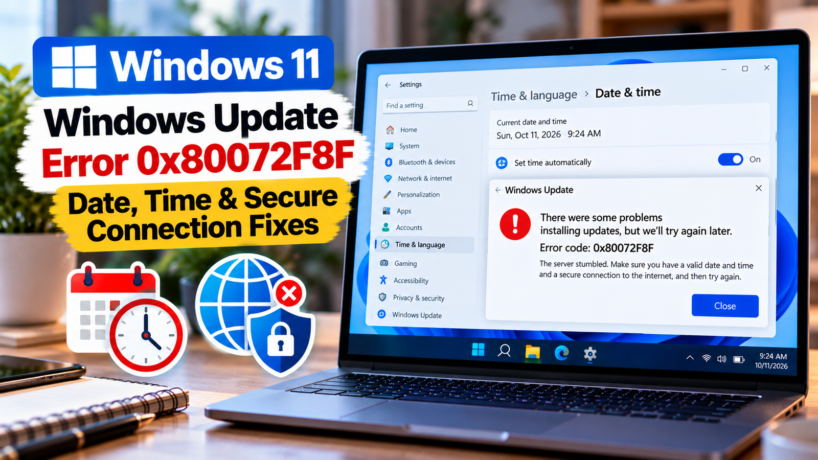 Windows Update error 0x80072F8F on a laptop screen.