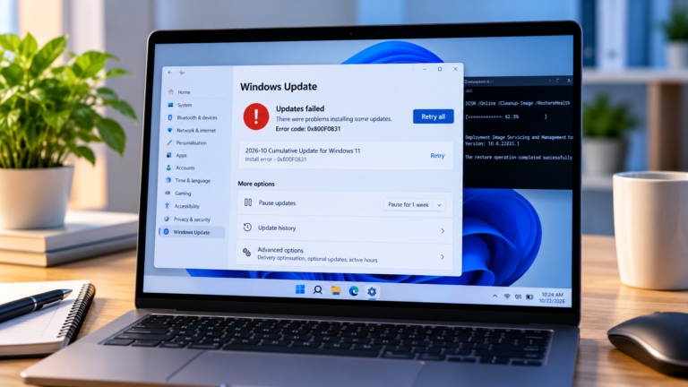 Laptop showing a Windows Update installation failure during troubleshooting of error 0x800F0831