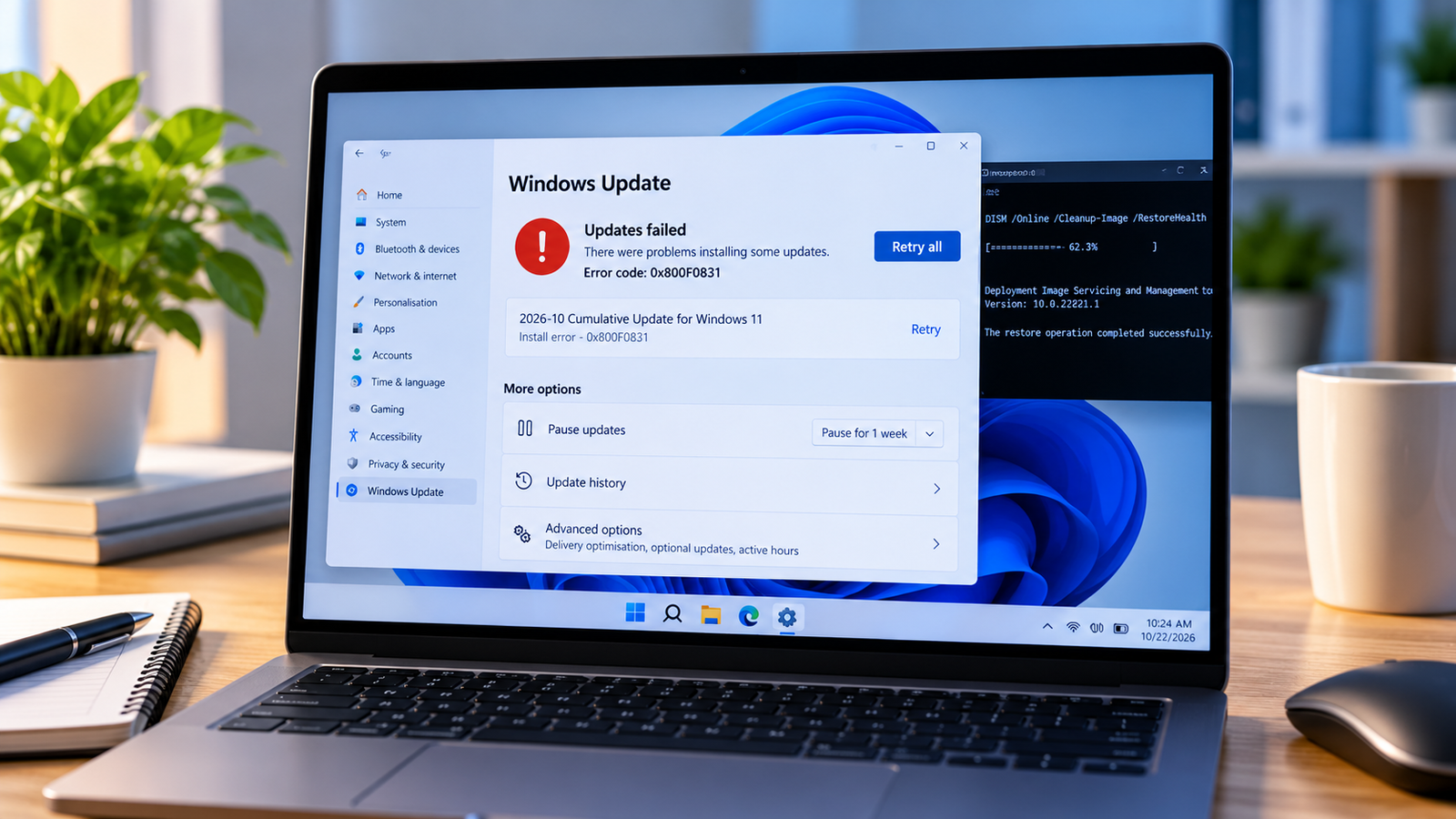 Laptop showing a Windows Update installation failure during troubleshooting of error 0x800F0831
