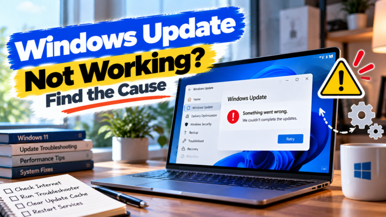 Windows Update not working troubleshooting guide showing a Windows PC with an update error and settings screen