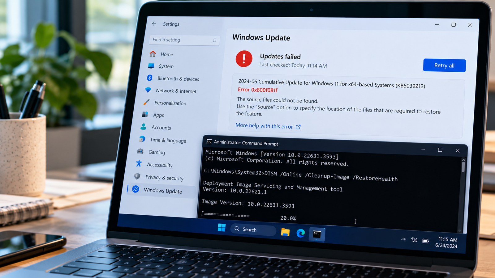A Windows troubleshooting workspace showing an update failure notification with error code 0x800f081f alongside a Command Prompt repair window.