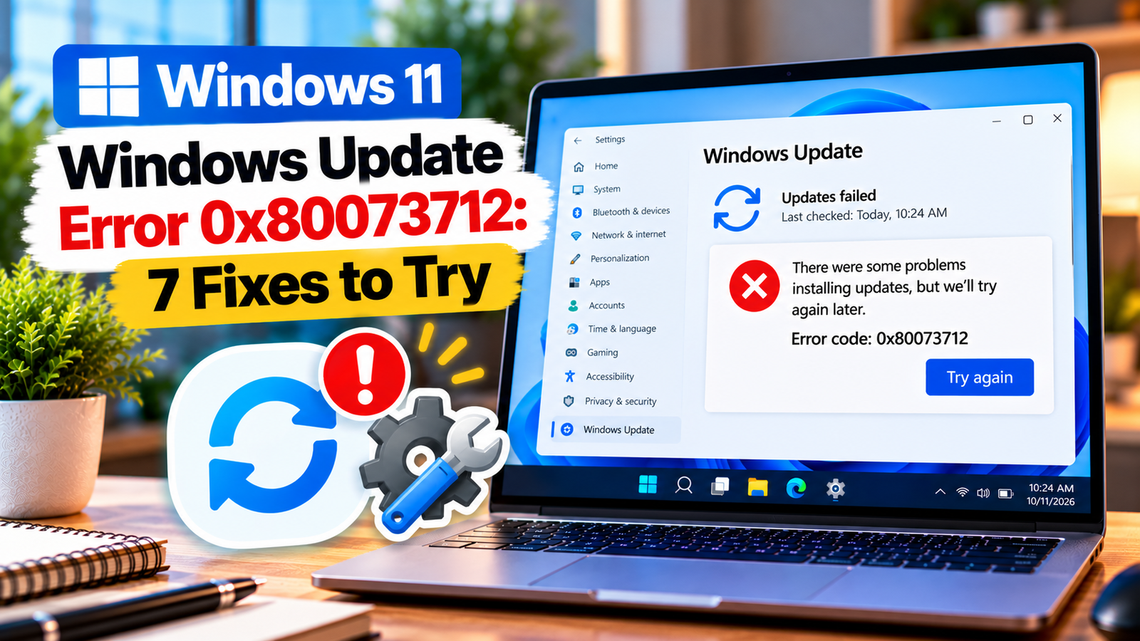 Windows Update error 0x80073712 displayed on a Windows 11 laptop.
