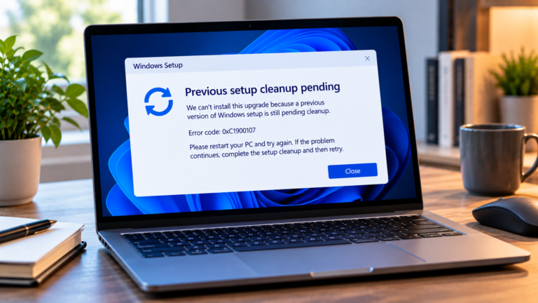 Windows Setup showing error 0xC1900107 because cleanup from a previous installation is pending.