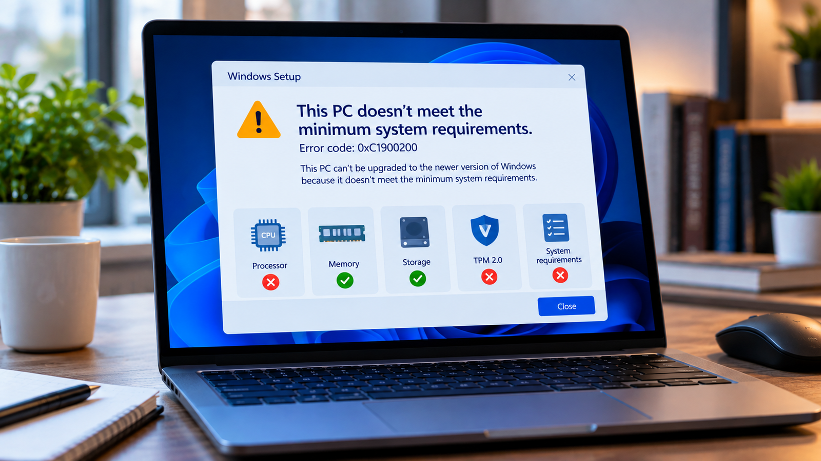 Windows Setup showing error 0xC1900200 because a PC does not meet upgrade requirements.