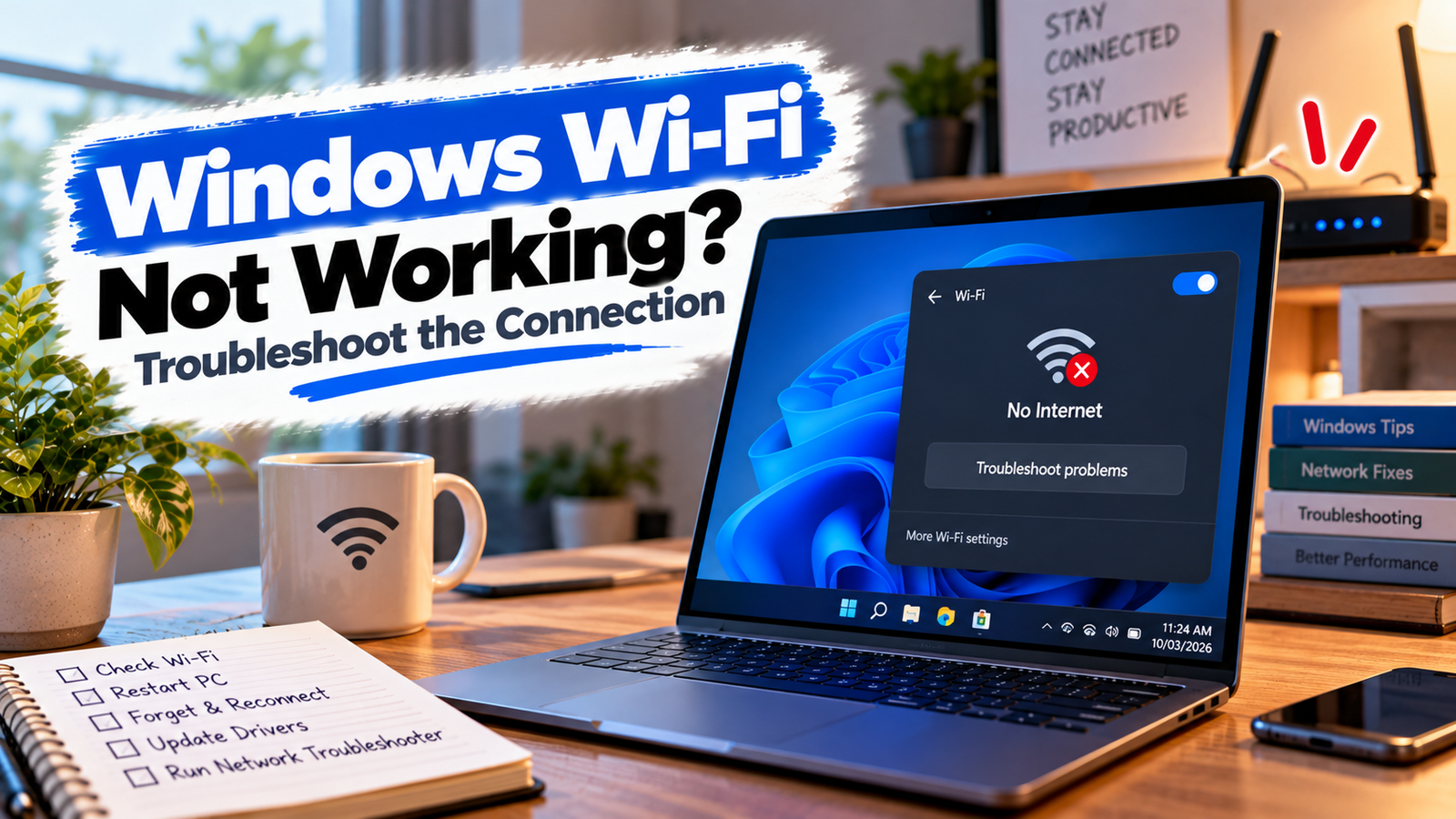 Windows Wi-Fi not working troubleshooting guide showing a Windows laptop with a wireless connection error
