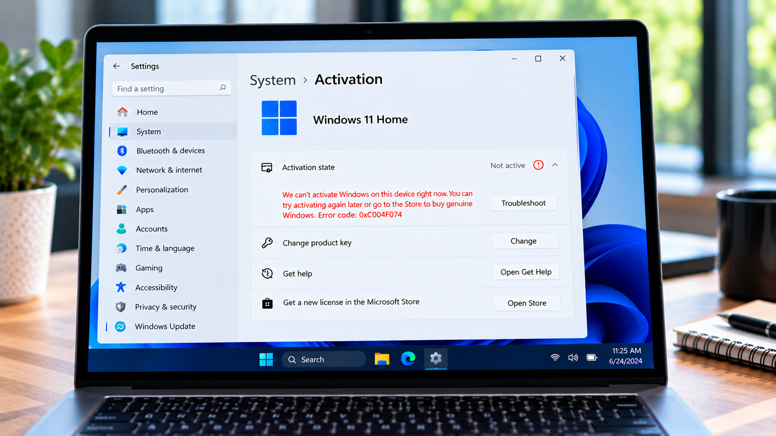 Windows activation error 0xC004F074 showing a KMS server connection failure