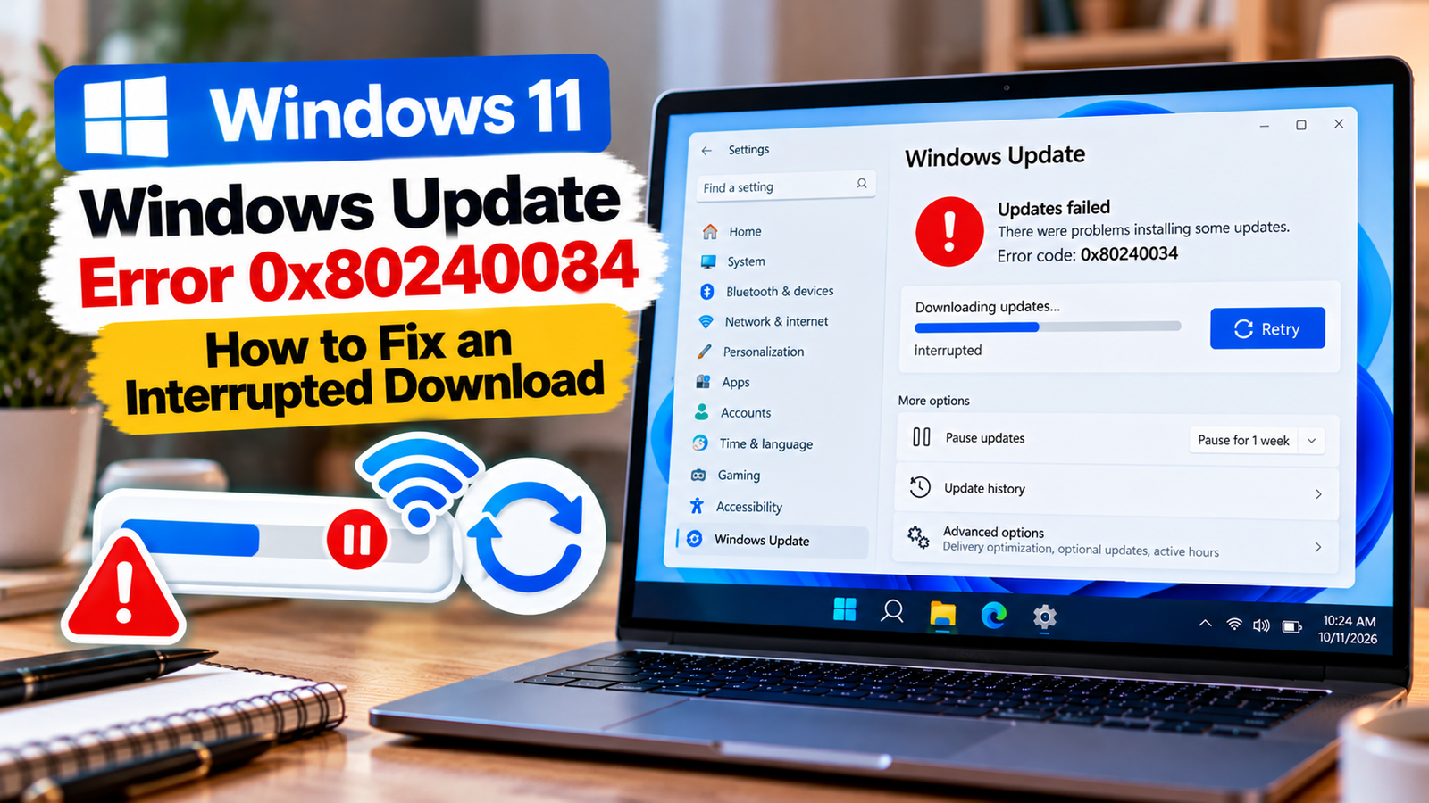 Windows Update error 0x80240034 displayed during an update download.